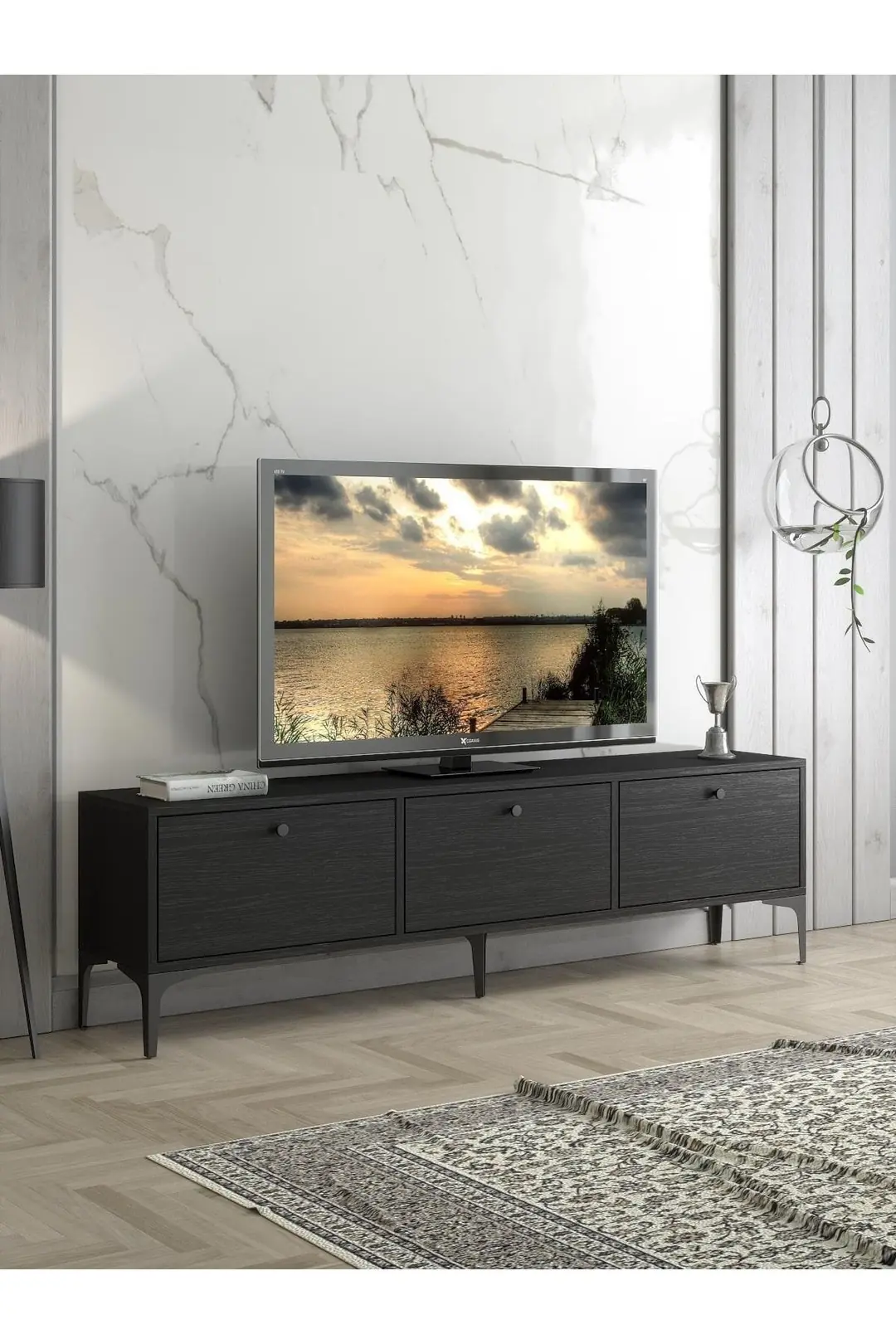 Etna Premium Metal Ayaklı Dolaplı 160 Cm Tv Ünitesi - Wood Siyah / Siyah